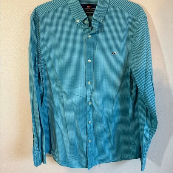 Men’s M Blue Vineyard Vines Whale Shirt Checkered Long Sleeve Preppy Button Up - Picture 1 of 6
